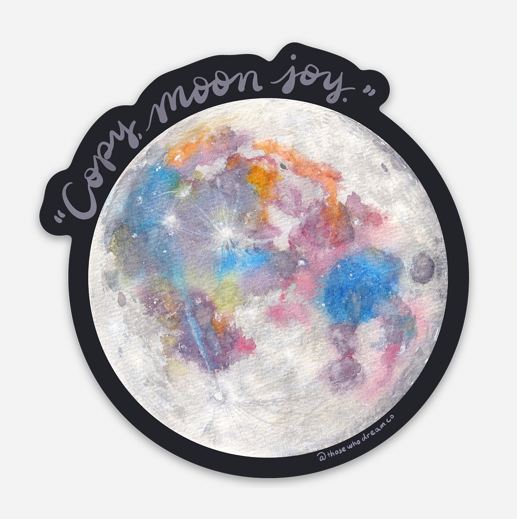 Colorful moon design on a dark background with “Copy, moon joy” text